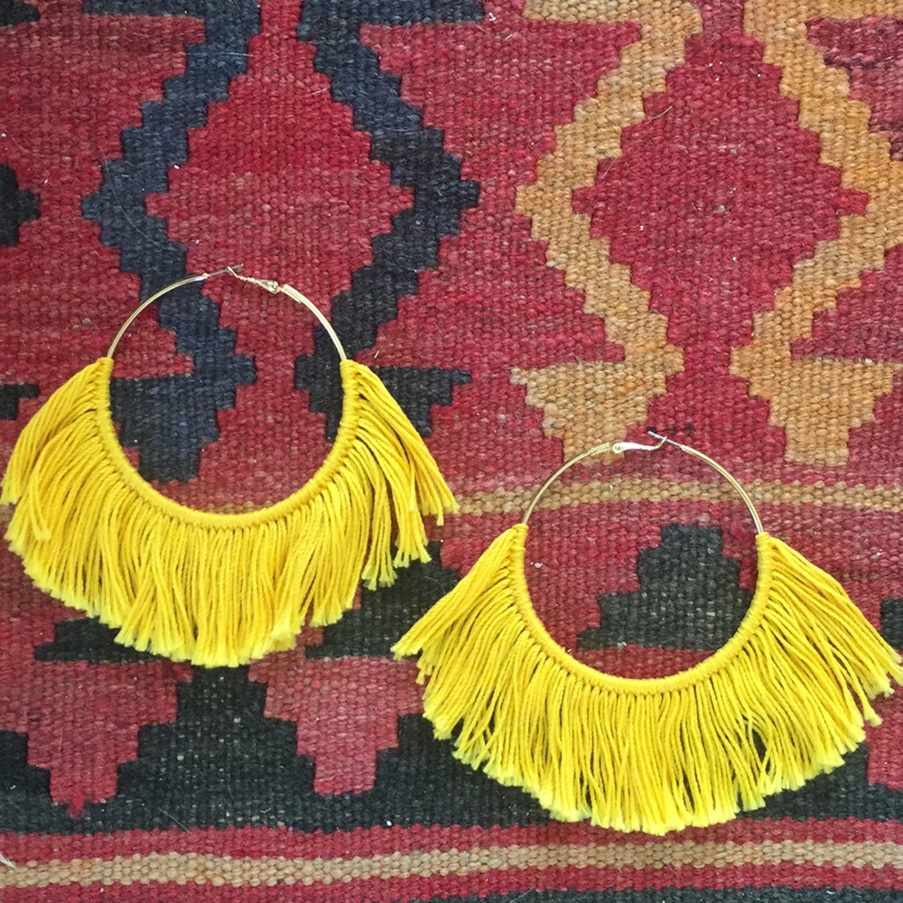 Large Golden Yellow Gold Hoop Fringe Earrings
